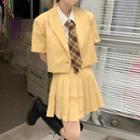 Short-sleeve Blazer / Short-sleeve Shirt / Plaid Neck Tie / Pleated A-line Skirt