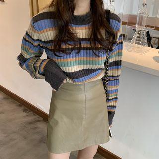 Set : Striped Sweater + Pu Skirt