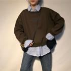 Mock Two-piece Shirt Panel Lettering Pullover Dark Brown - One Size
