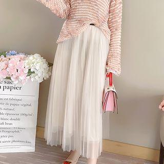 Accordion Pleat Maxi Mesh Skirt / Open Knit Sweater