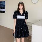 Short-sleeve Floral Print Mini A-line Dress Dress - Black - One Size