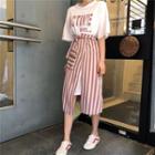Set : Letter Short-sleeve T-shirt Dress + Pinstripe Midi Skirt