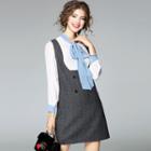 Set: Tie-neck Long-sleeve Blouse + Mini Pinafore Dress