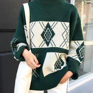 Plaid Crew-neck Loose-fit Sweater