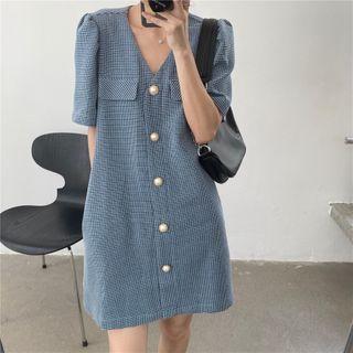 Puff-sleeve Plaid Single Breasted Dress
