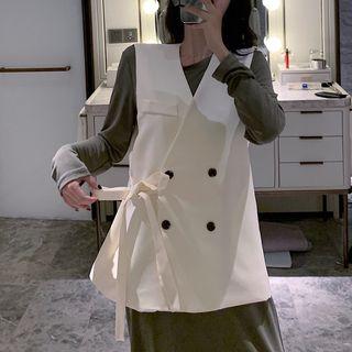 Long-sleeve Maxi Plain Dress / Buttoned Vest