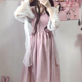 Ruffle Trim Open-front Chiffon Jacket / Wide Strap A-line Dress / Set