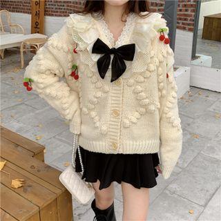 Round-neck Cherry-accent Long-sleeve Cardigan