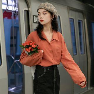 Plain Long-sleeve Blouse Caramel - One Size