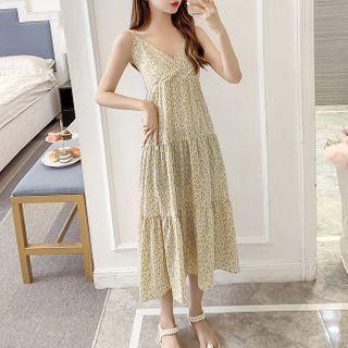 Spaghetti Strap Floral Print Tiered Midi A-line Dress