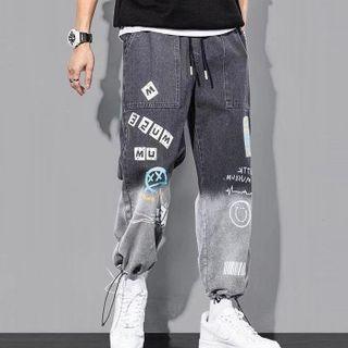 Print Drawstring-cuff Straight-leg Jeans