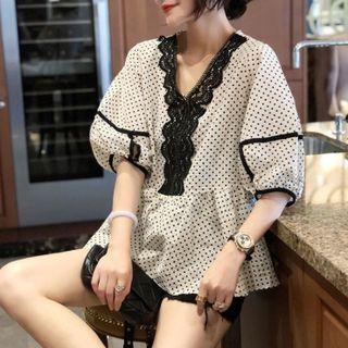 Puff-sleeve Dotted Lace Trim Blouse