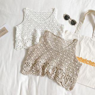 Round Neck Sleeveless Cropped Crochet Top