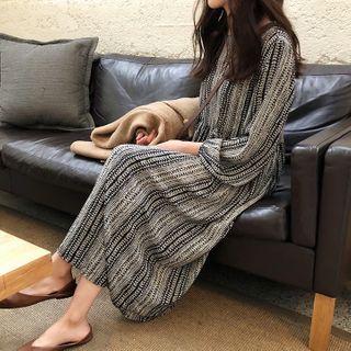 Striped Balloon-sleeve Maxi A-line Dress