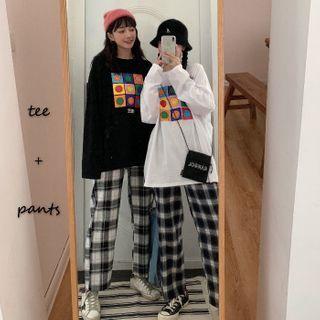 Printed Long-sleeve T-shirt / Plaid Straight Fit Pants