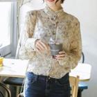 Frilled Trim Stand Collar Floral Print Blouse