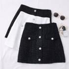 Rhinestone-button Woolen Mini Pencil Skirt