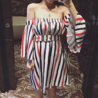 Striped Off Shoulder Long Sleeve Dress