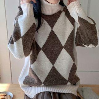 High-neck Long-sleeve Argyle Knit Sweater