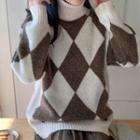 High-neck Long-sleeve Argyle Knit Sweater