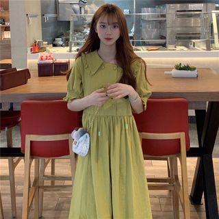 Elbow-sleeve Frill Trim Double Breasted A-line Midi Dress