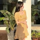 Short-sleeve Gingham Embroidered Square-neck Mini A-line Dress