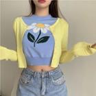 Flower Short-sleeve Crop Knit Top / Light Jacket