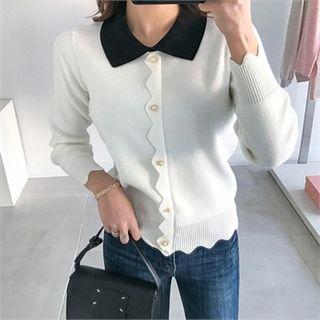 Contrast-collar Scallop-edge Cardigan