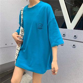 Elbow-sleeve Smile Face Printed T-shirt