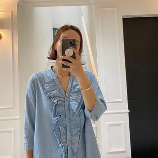 Frilled Denim Long Shirtdress