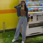 Set: Spaghetti Strap Striped Top + Wide-leg Jeans + Cardigan