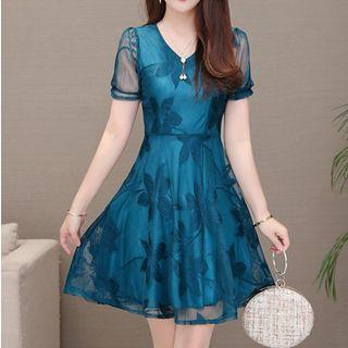 Lace Panel Short-sleeve V-neck Mini A-line Dress