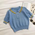 Contrast Trim Short-sleeve Collared Knit Top Blue - One Size