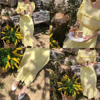 Puff-sleeve Frilled Long Crepe Dress