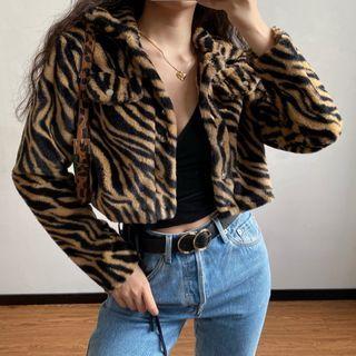 Lapel Tiger Pattern Furry Jacket