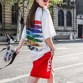 Set: 3/4-sleeve Printed T-shirt + Letter Shorts