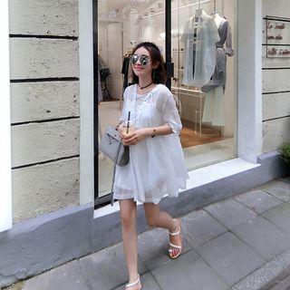 Set: Plain Slipdress + Lace-up Elbow-sleeve Dress