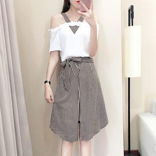Set: Off Shoulder Short Sleeve Top + Striped Flared Skirt