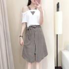 Set: Off Shoulder Short Sleeve Top + Striped Flared Skirt