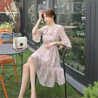 Elbow-sleeve Capelet Half-placket Floral A-line Dress