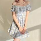 Off Shoulder Short Sleeve Plaid Ruffled-trim Lace-up Mini Dress