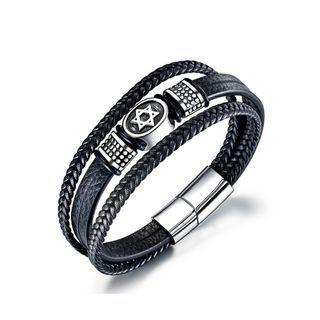 Fashion Personality 316l Stainless Steel Six-point Star Leather Multi-layer Bracelet Silver - One Size