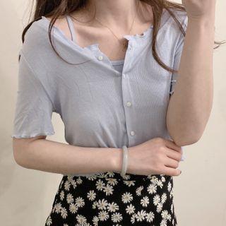 Set: Short-sleeve Button Knit Top + Spaghetti Strap Top