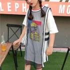Set: Printed Elbow Sleeve T-shirt Dress + Mesh Tank Dress