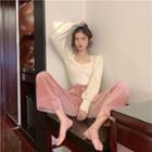 Plain Square-neck Lace Slim-fit Long-sleeve Top / Plain High-waist Loose-fit Wide-leg Pants