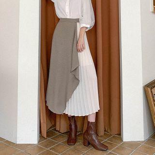 Band-waist Pleated-panel Two-tone Skirt
