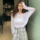Cold-shoulder Long-sleeve T-shirt / Plaid Cropped Straight-fit Pants