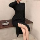 Long-sleeve Lace Trim Slit Midi Bodycon Dress