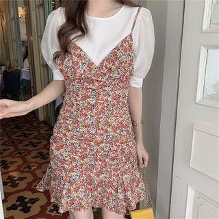 Short-sleeve Blouse / Spaghetti Strap Floral Print A-line Dress