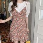 Short-sleeve Blouse / Spaghetti Strap Floral Print A-line Dress